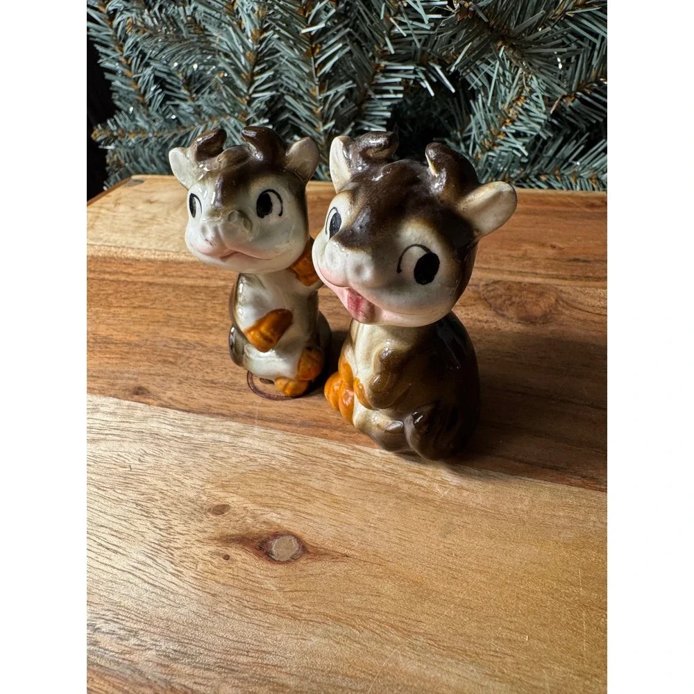 Vintage Cow Salt and Pepper Shakers Set Brown Cream Glossy Kitschy Farmhouse